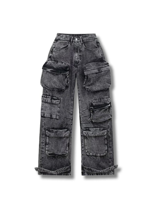 Multi Pockets Wide - Leg Denim Pants