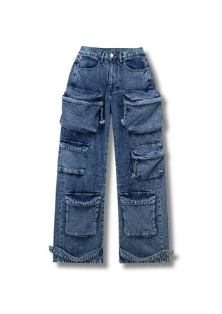 Multi Pockets Wide - Leg Denim Pants