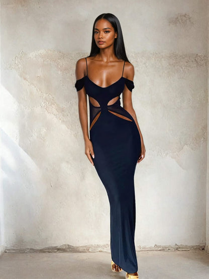 Woman wearing black Hollow-Out Long Dress