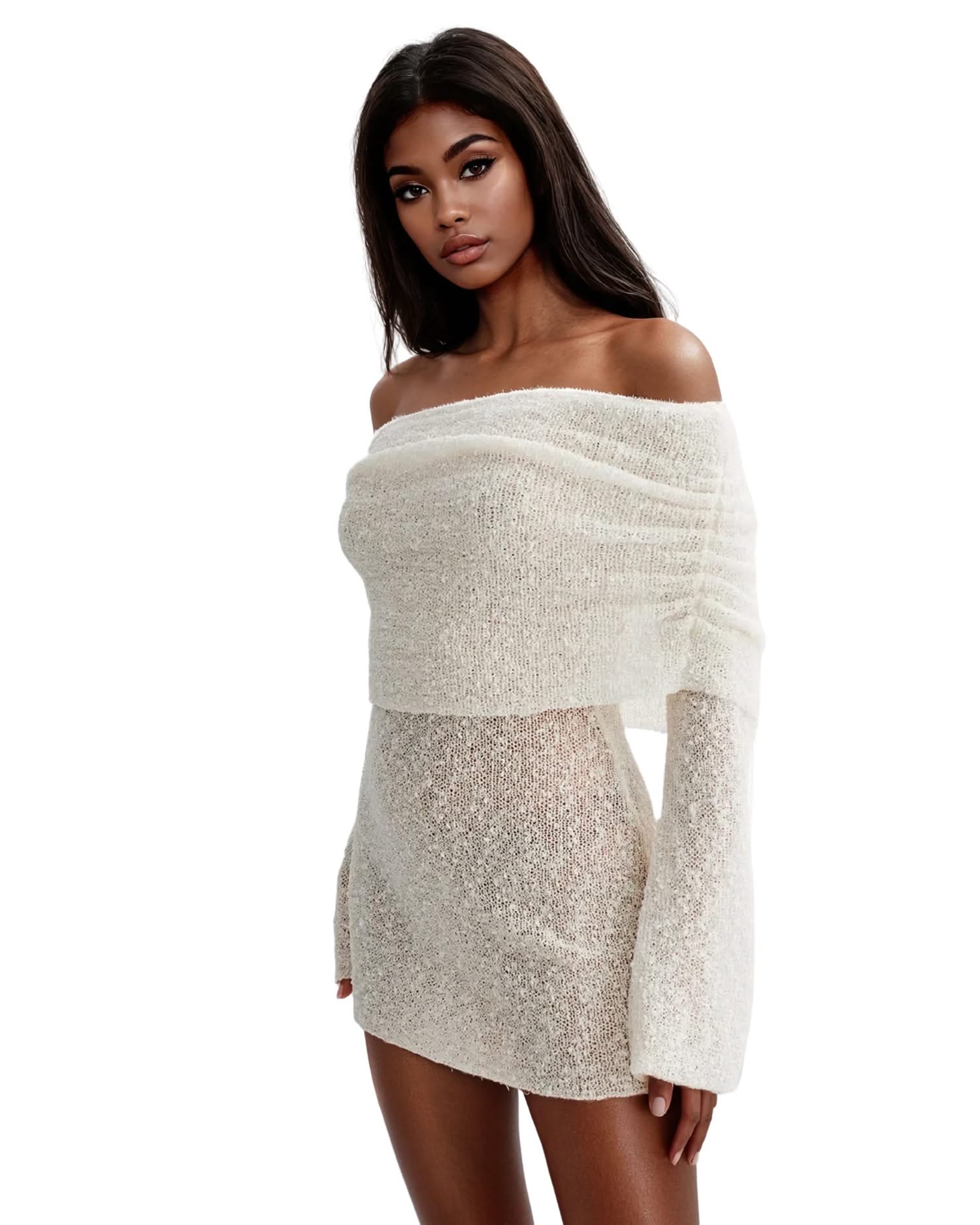 Off-Shoulder Knit Mini Dress Holiday Chic, White / S Off-Shoulder Knit Mini Dress Holiday Chic, White / S