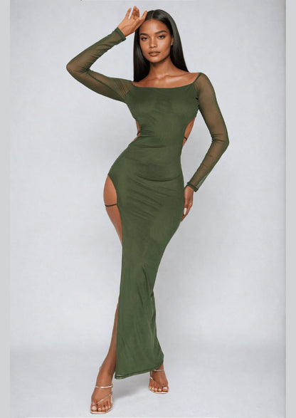 Off - Shoulder Mesh Sleeve Cut - Out Dress