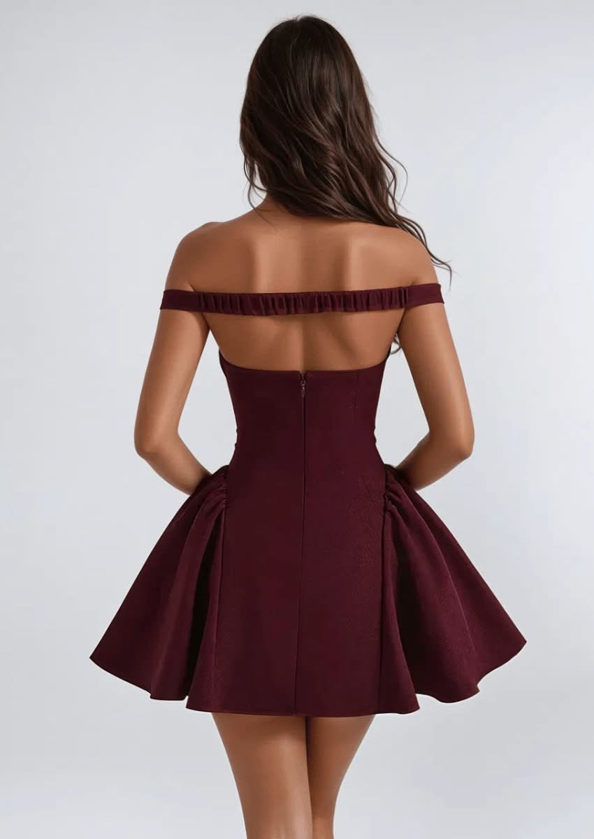 Off-Shoulder Mini Dress, Burgundy / M Off-Shoulder Mini Dress, Burgundy / M