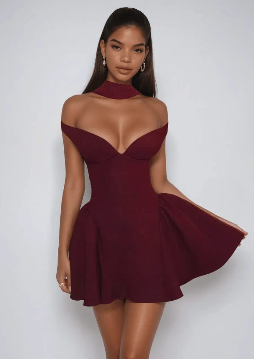 Off-Shoulder Mini Dress, Burgundy / M Off-Shoulder Mini Dress, Burgundy / M