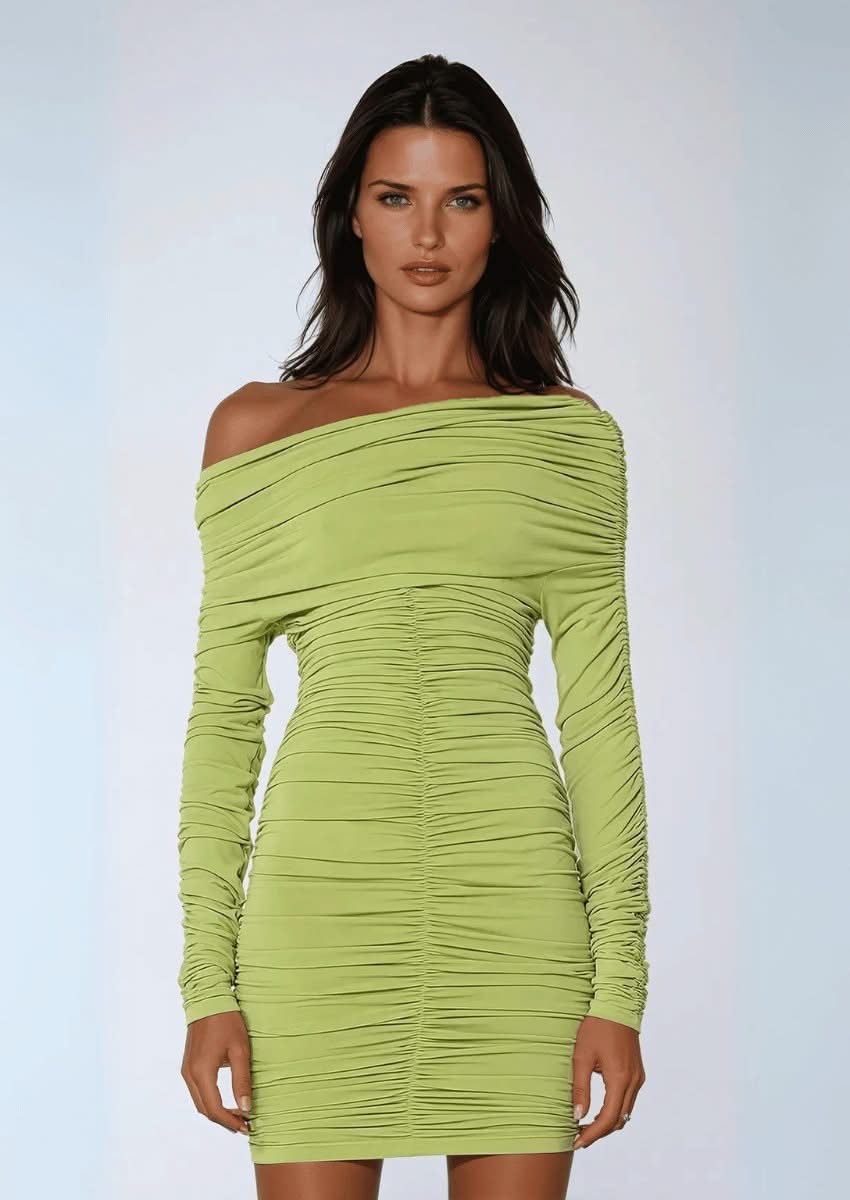 off the shoulder ruched dress Off-Shoulder Ruched Mini Dress – Elegant & Flattering