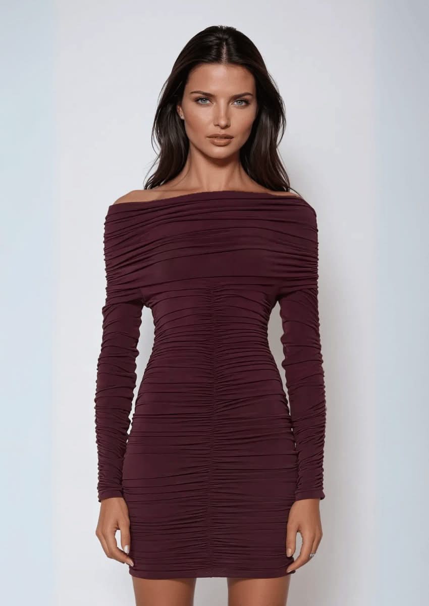 off-shoulder ruched cut-out mini dress Ruched Off Shoulder Bodycon Mini Dress Black / XS - Korean Fashion