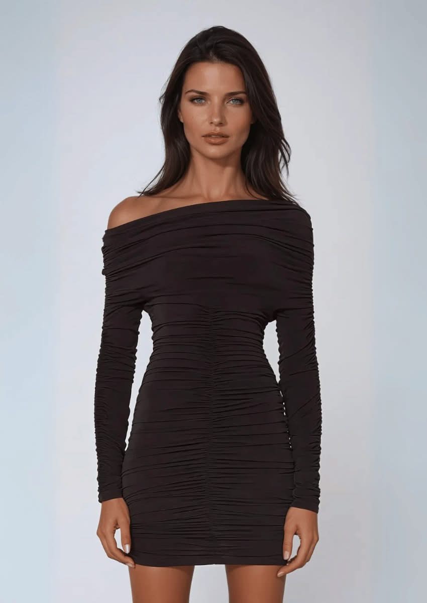 h&m white off-the-shoulder ruched long sleeve mini dress Off-Shoulder Ruched Mini Dress Elegant & Flattering