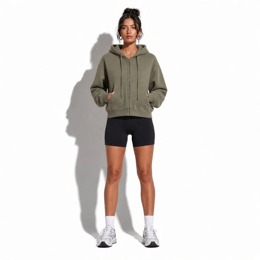 Washed Zipper Cardigan Jacket — olive green front