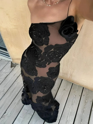 One - Shoulder Black Floral Maxi Dress