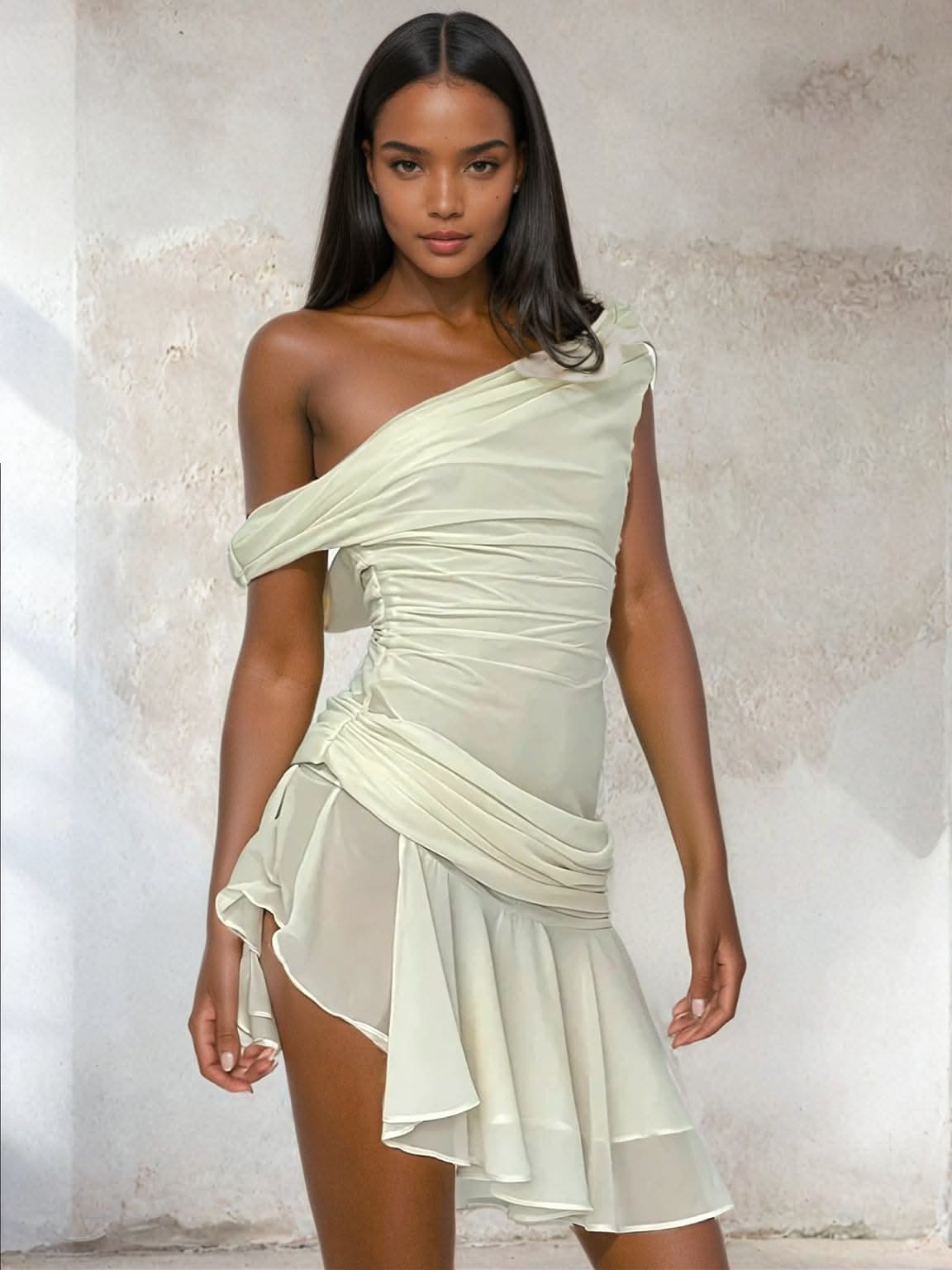 pleated one shoulder mini dress SNDY'S Women's Livaire Pleated One Shoulder Minidress - White