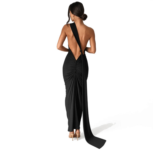 Elegant One Shoulder Maxi Dress – Summer Chic — Black back