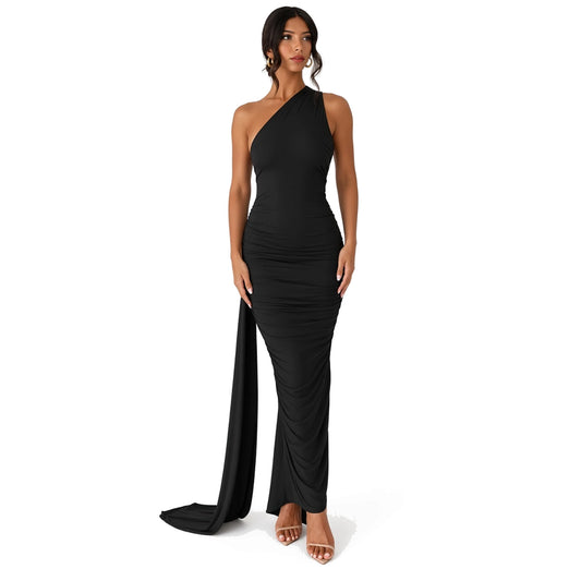 Elegant One Shoulder Maxi Dress – Summer Chic — Black front
