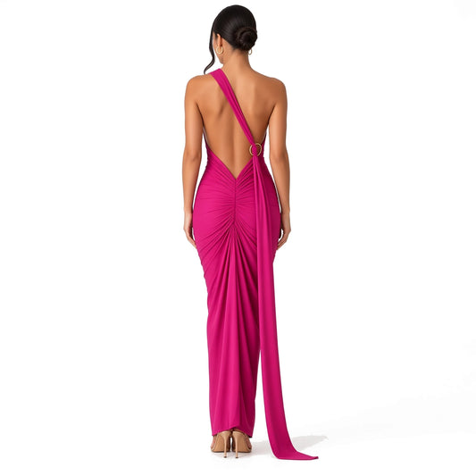 Elegant One Shoulder Maxi Dress – Summer Chic — Rose Red back