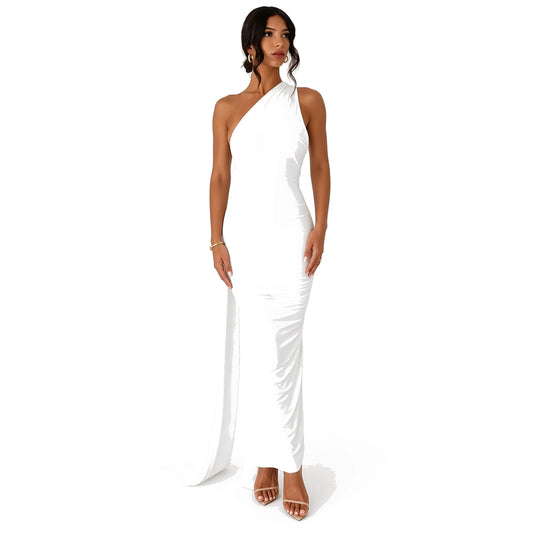 Elegant One Shoulder Maxi Dress – Summer Chic — White front