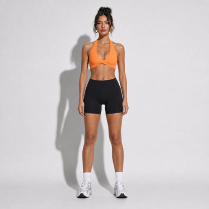 Set — Twist Halter bra Orange + Legging Shorts front on-model 2048