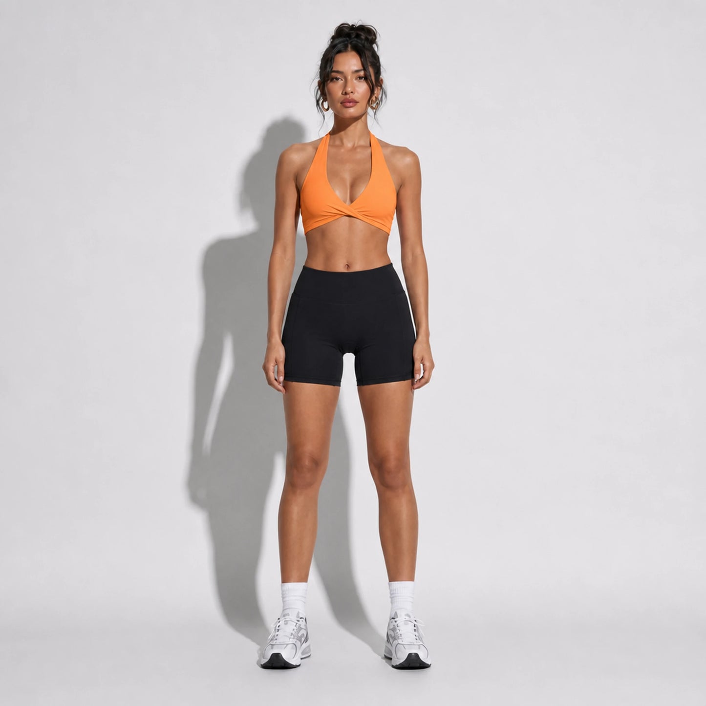 Set — Twist Halter bra Orange + Legging Shorts front on-model 2048