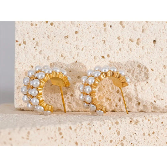 Gold Ornate Pearls Hoop Earrings