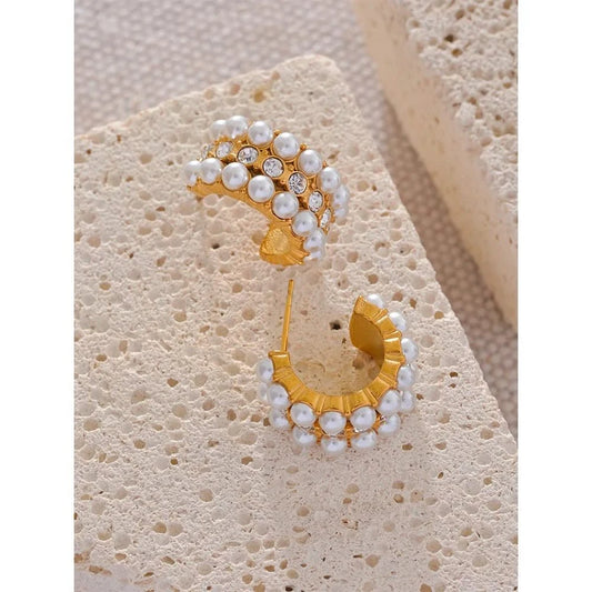 Gold Ornate Pearls Hoop Earrings