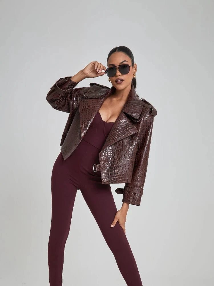 Sample wearing of Brown Oversized Cropped Leather Jackets