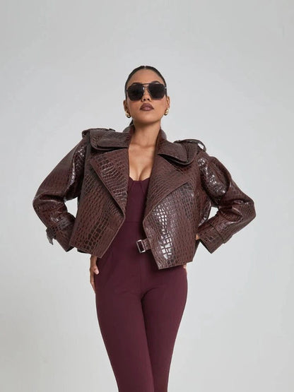 Brown Oversized Cropped Leather Jackets