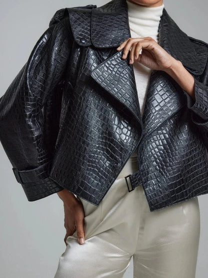 Close - up image of black Oversized Cropped Leather Jackets