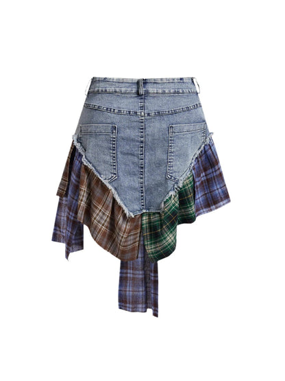 Patchwork Plaid Denim Skirt