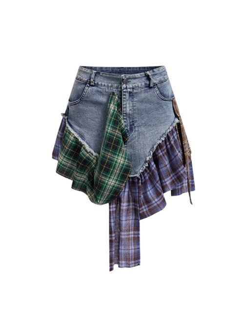 Patchwork Plaid Denim Skirt