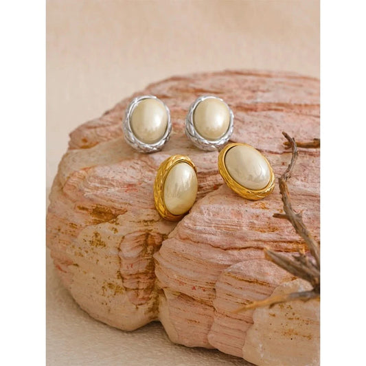 Pearl Oval Stud Earrings - Elegant Stainless Steel 18K