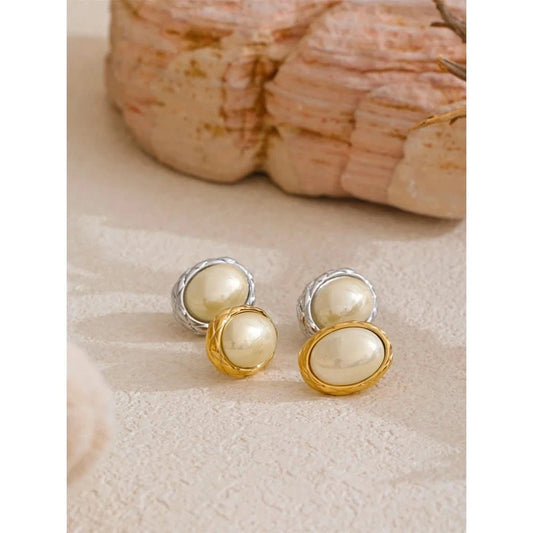 Pearl Oval Stud Earrings - Elegant Stainless Steel 18K
