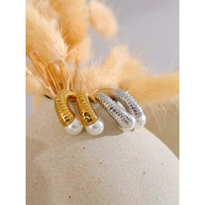 Pearl Ribbed Huggie Earrings