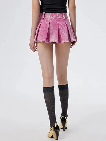 Pink Acid Washed Mini Pleated Skirt