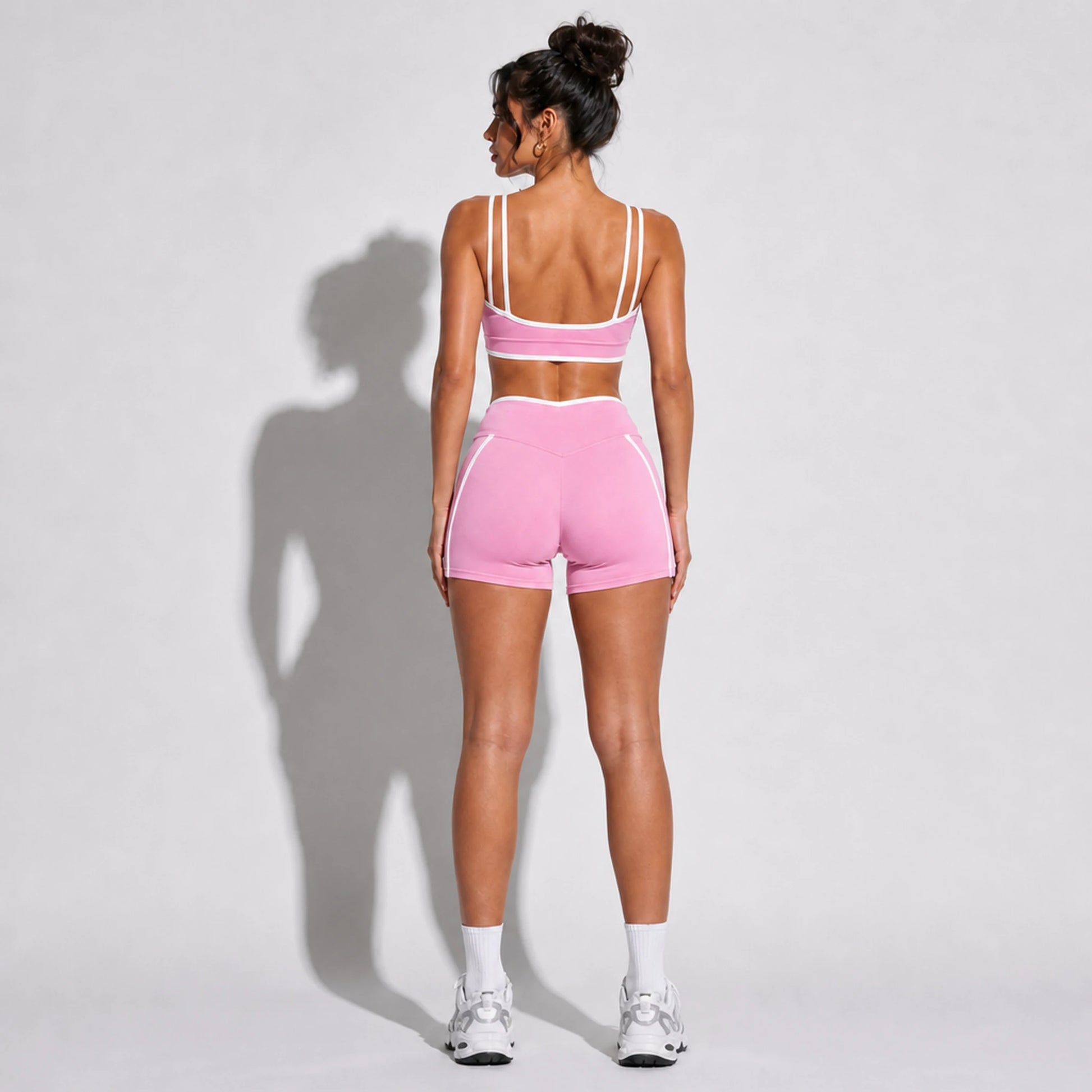High Stretch Solid Yoga Shorts Set — pink back