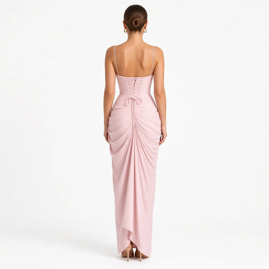 Halter Ruched Maxi Dress — pink back