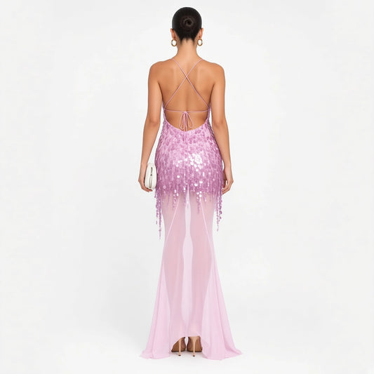 Sequin Mesh Mermaid Dress — pink back