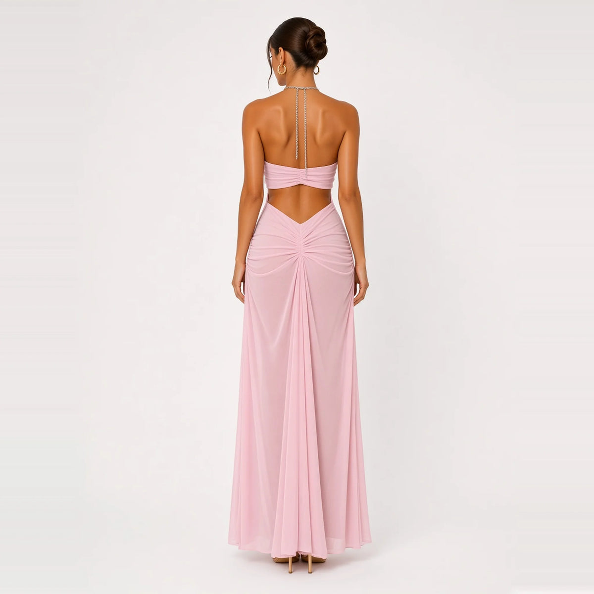 Rhinestone Chain Halter Backless Maxi Dress — pink back