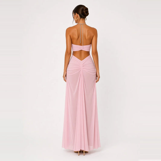 Rhinestone Chain Halter Backless Maxi Dress — pink back