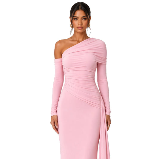 Ribbon One-Shoulder Gown — pink close-up