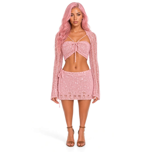Two-Piece Sequin Set — pink close-up