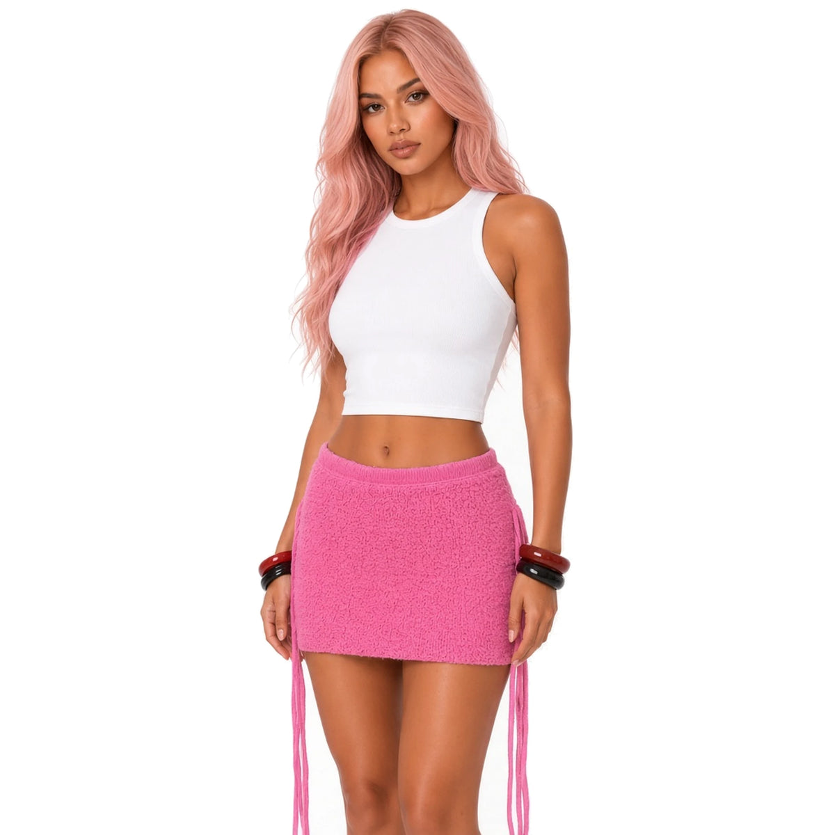 Fuzzy Knit Mini Skirt — pink close-up