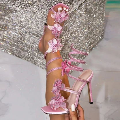 High Heels Pink And Silver Sandals Women's Outfit: Hot Pink Off Shoulder Dress, Black Leather Heeled High Heels Pink And Silver Sandals Women's Outfit: Hot Pink Off Shoulder Dress, Black Leather Heeled