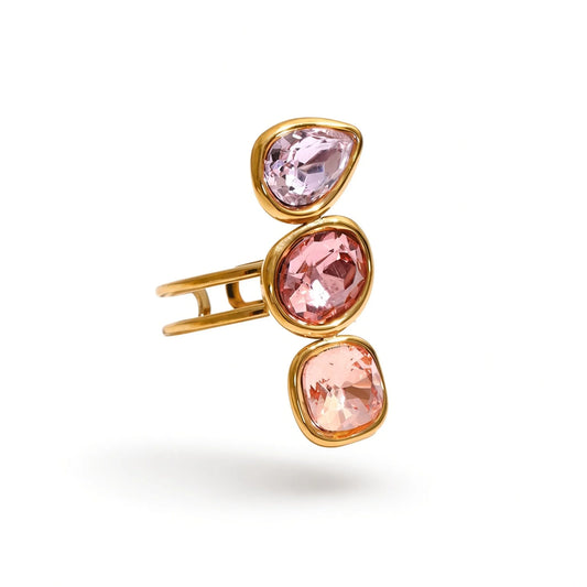 Three Stone Adjustable Crystal Ring — pink front