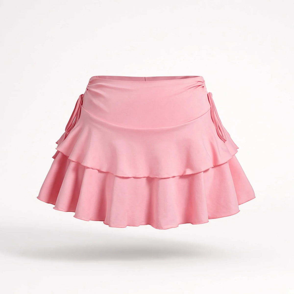 Double-Tier Drawstring Ruffle Mini Skirt — pink front