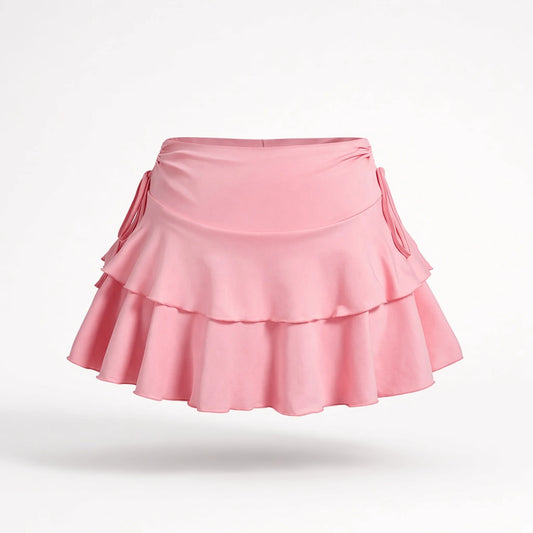 Double-Tier Drawstring Ruffle Mini Skirt — pink front