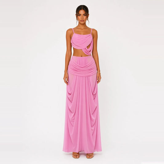 One-Shoulder Cutout Two-Piece Set — pink front