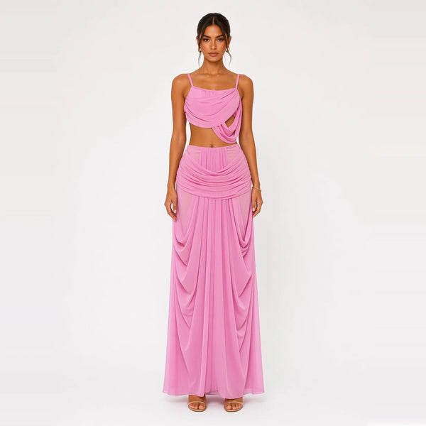 One-Shoulder Cutout Two-Piece Set — pink front