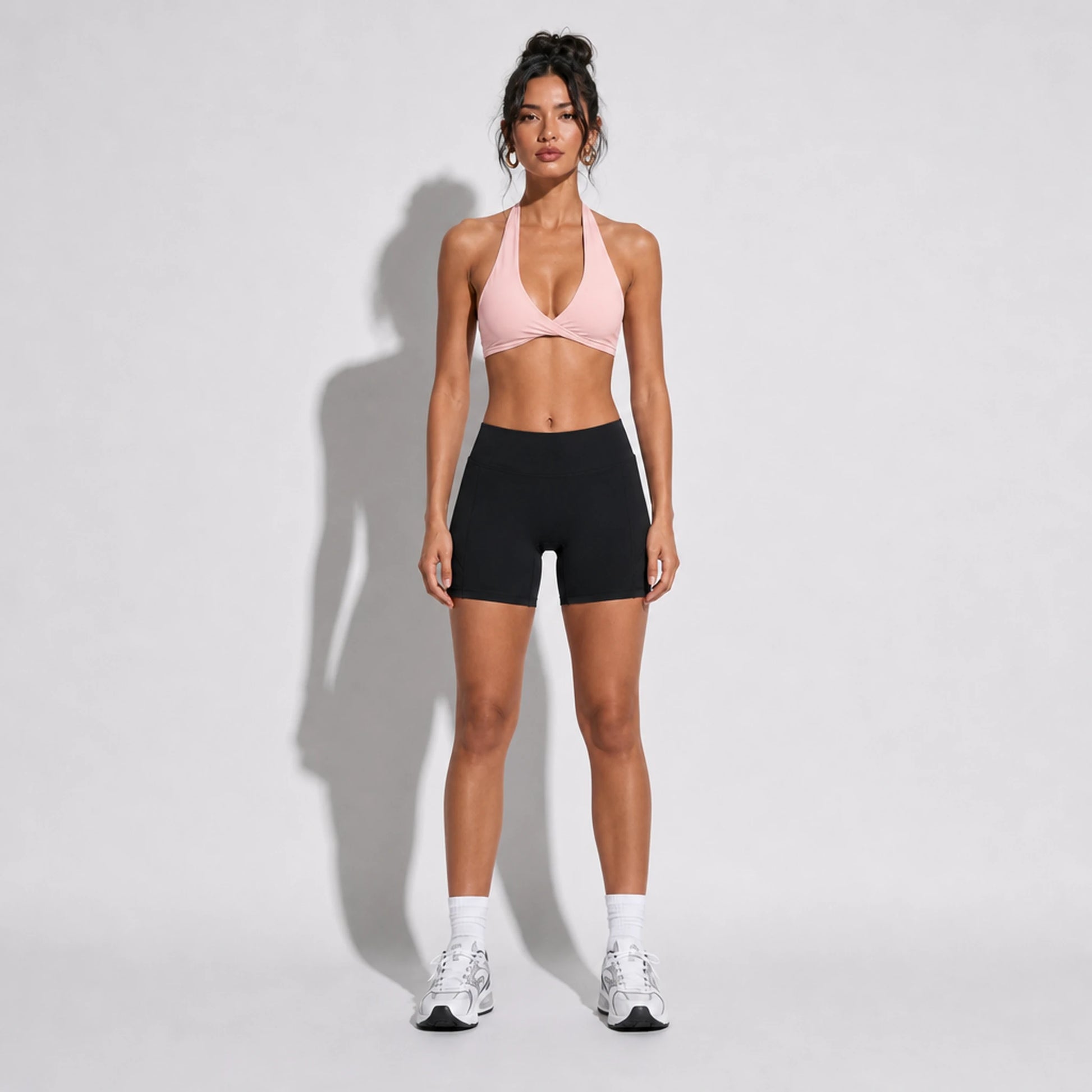 Set — Twist Halter bra Pink + Legging Shorts front on-model 2048