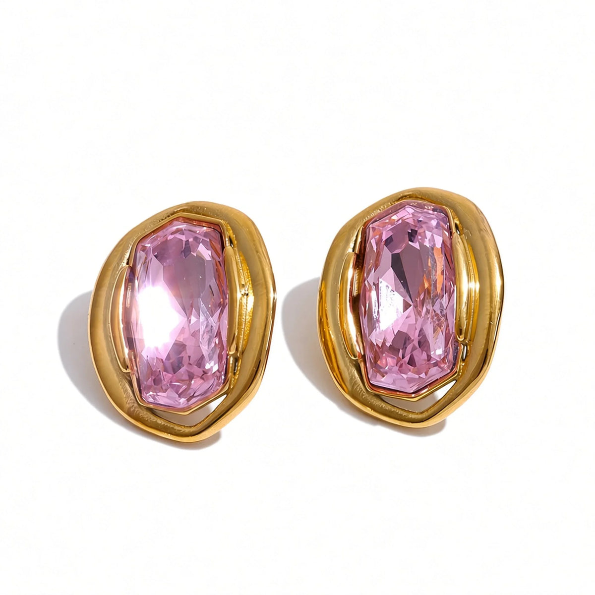Molten Bezel Crystal Stud Earrings — pink front