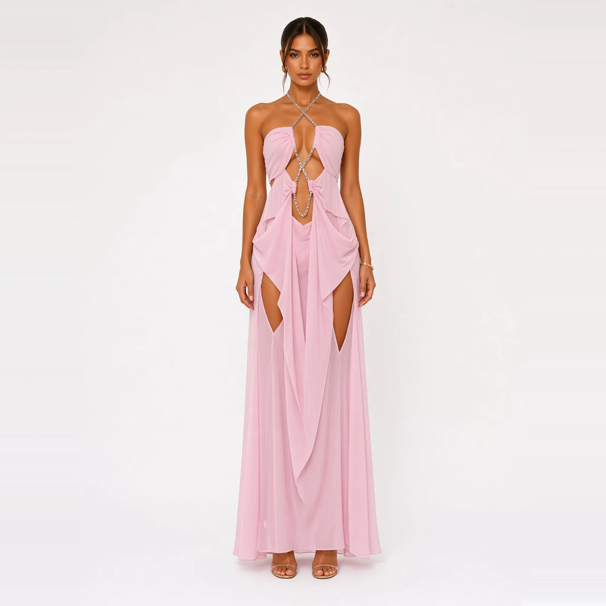 Rhinestone Chain Halter Backless Maxi Dress — pink front