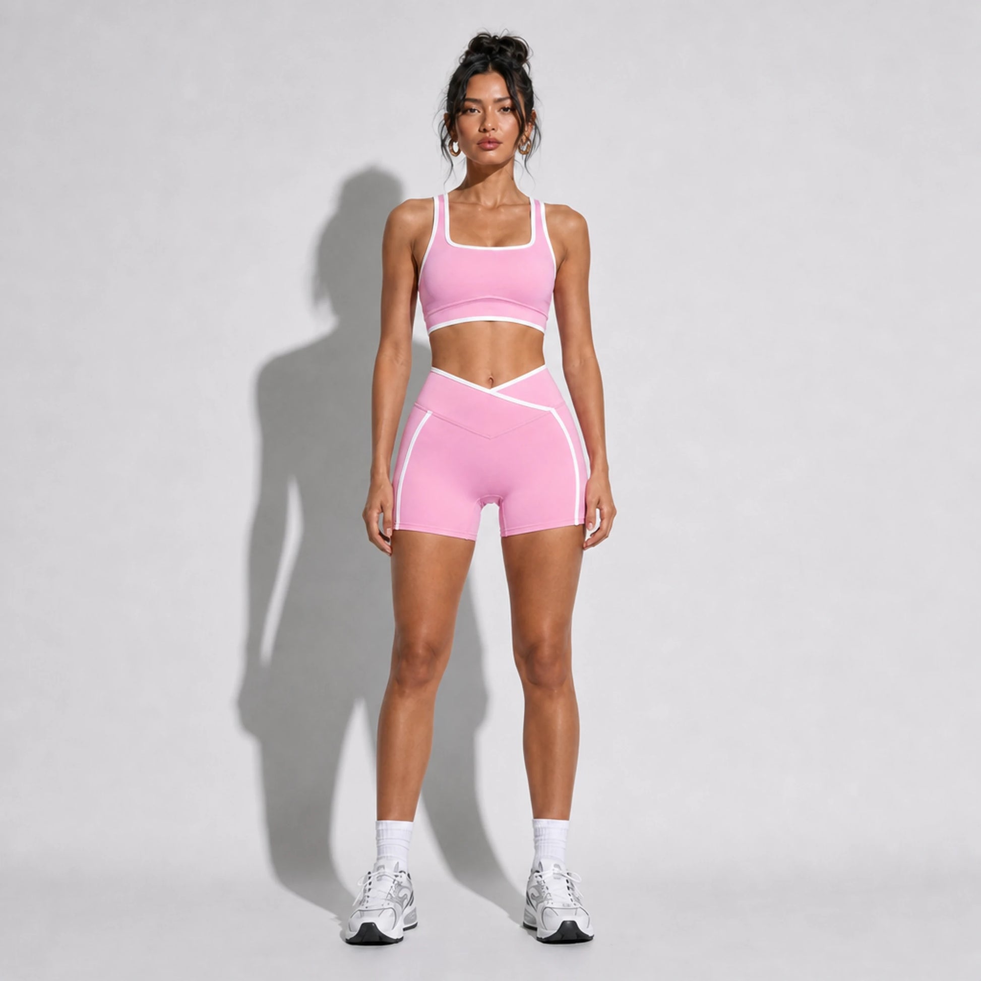 High Stretch Solid Yoga Shorts Set — pink front