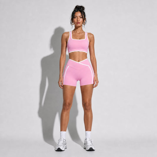 High Stretch Solid Yoga Shorts Set — pink front
