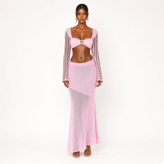 Chic Crochet Knit Skirt Set — Pink front